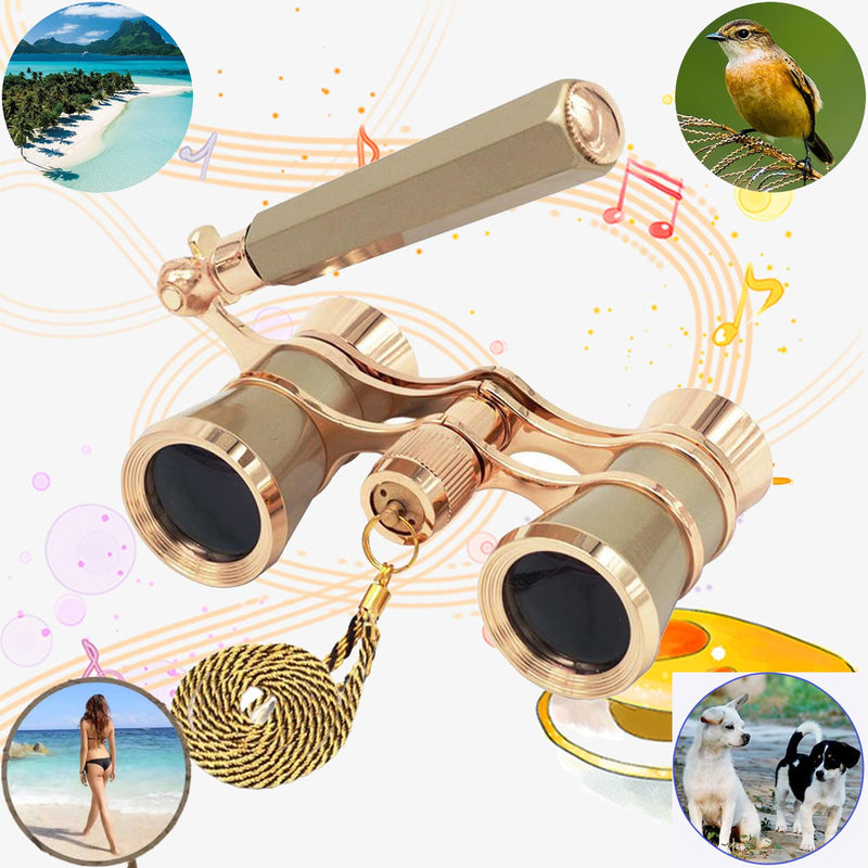 Yourelexit® Opera Glasses Binoculars 3X25 Lorgnette Theater Glasses Optical BK9 Mini Compact Lightweight Built-in Foldable Adjustable Handle Vintage for Adults Women Men in Musical Concert Cinema Gold With Handle and Neck Chain