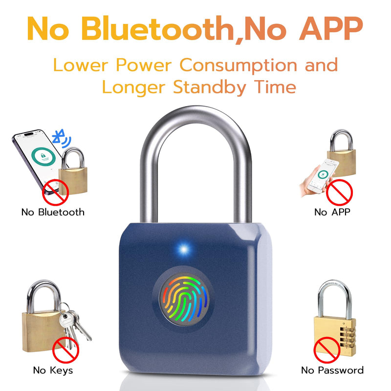 Pothunder Fingerprint Padlock, Smart Padlock, Locker Lock, Biometric Metal Keyless Fingerprint Lock, USB Rechargeable, for Gym Locker, Luggage, Backpack(Blue) Blue