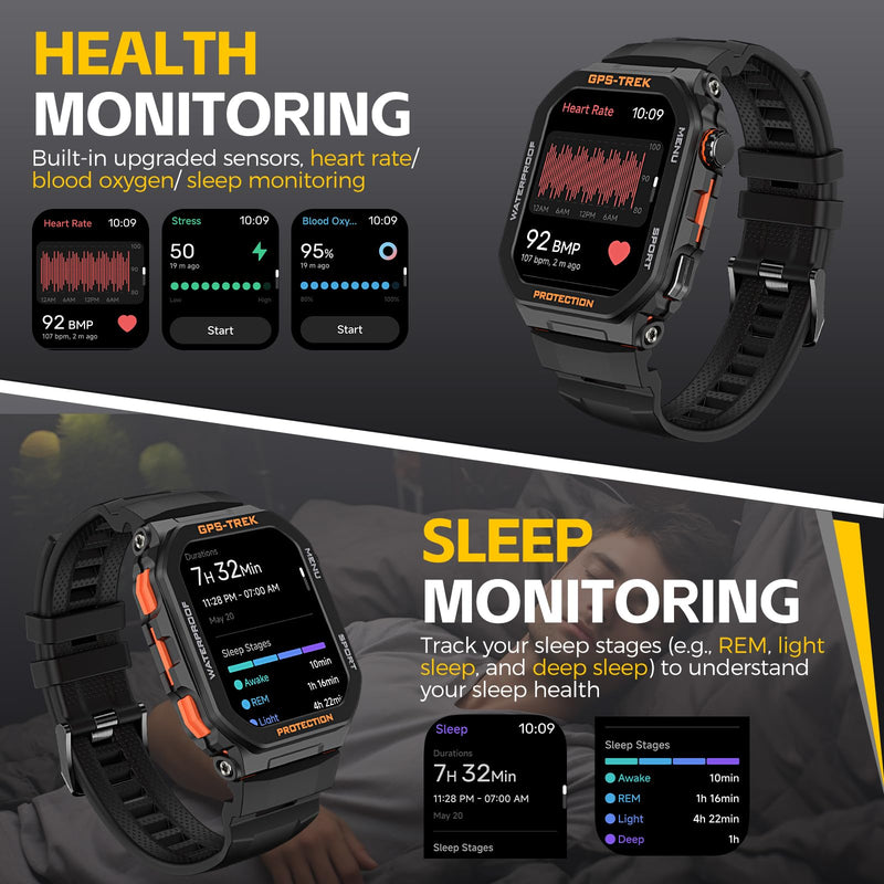 Military Smart Watches for Men Built-in GPS with Bluetooth Call 1.75" HD | Rugged Tactical Smartwatch Big Screen IP68 Waterproof Fitness Tracker Watch with Heart Rate Sleep Monitor for iPhone Android Black-orange