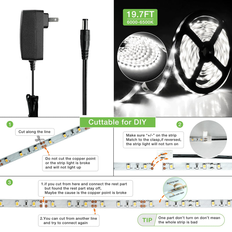 RAYZEEK Wireless Motion Activated LED Strip Lights,19.7FT LED Strip Lights with Power Adapter,RF Wireless Motion Sensor Control Dimmer,Timing,Cool White (1×Controller+2×Motion Sensor) Cool White