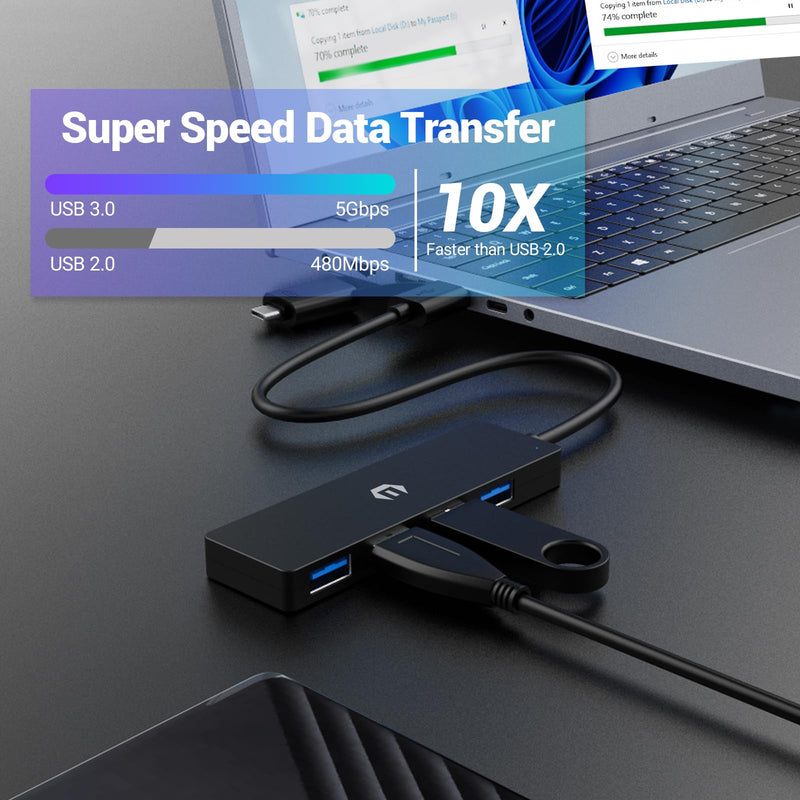USB Hub, Plug and Play 4-Port USB 3.0 Hub, Featuring a 4 Port USB 3.0 Hub with 5Gbps Transfer Speed and a USB to USB C Adapter, Compatible with Mac Air/Pro, HP, and More