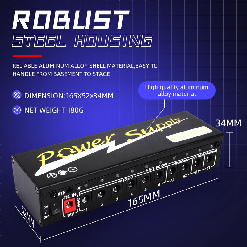 Power Supply for Guitar Effect Pedals 10 Isolated DC Output 9V/12V/18V for Effect Pedal with Separate Short-Circuit Protection