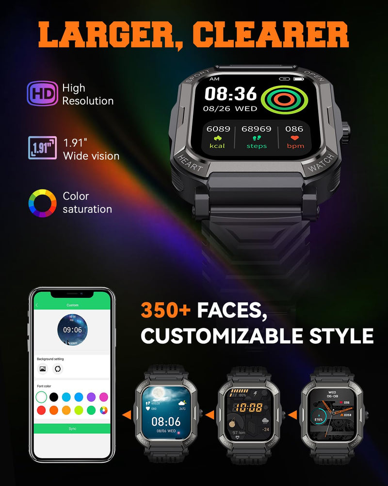 Smart Watch for Men Fitness Tracker: Military Digital Mens Watches Bluetooth Make Answer Call Running Waterproof Smartwatch Android Phones iPhone Samsung Compatible Sleep Monitor Step Pedometer Black 1.91