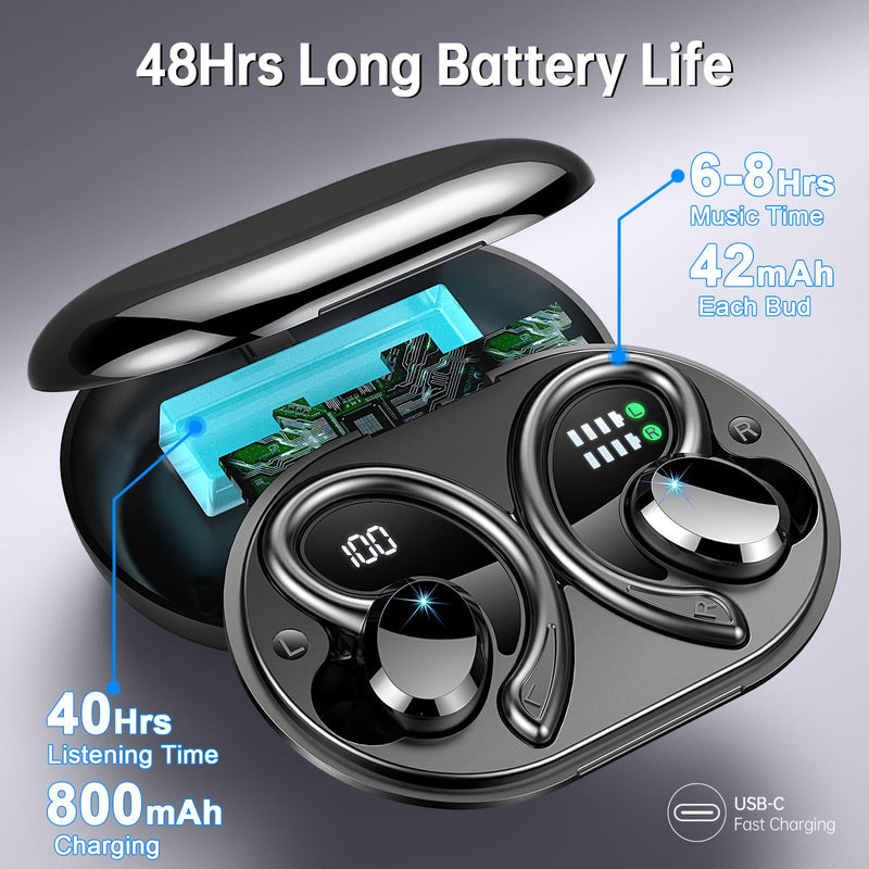 Wireless Earbuds Bluetooth Headphone Sport, 2024 Bluetooth 5.3 Earbud 14.2mm Driver Stereo Over Ear Buds, 48Hrs Earphone with Earhook, Noise Cancelling Mic, IP7 Waterproof Headset for Workout/Running 800 mAh Black