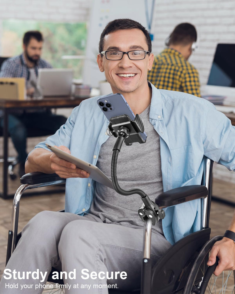 Gooseneck Phone Holder for Wheelchair, Stroller, Golf Cart, Boat, Mic Stand, Indoor Cycling Bike, Gym Bicycle Handlebar Clamp for iPhone Air 17 Pro Max 16 15 14 13 12 Plus, S25, 4.7 to 7" Smartphones