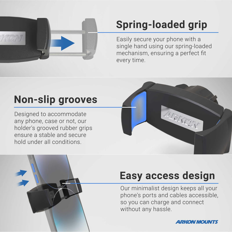 ARKON Mounts Mobile Grip 5 Phone Holder with Clamp Mount | Secure Spring-Loaded Holder | Clamp Phone Mount for Strollers, Treadmills, Bike | Compatible with iPhone, Samsung, & More
