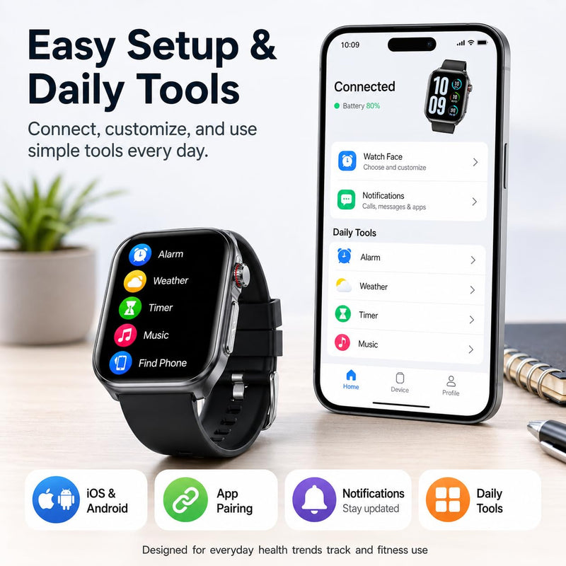 Advanced Smart Watch for Men Women - 2.04" HD Health Smart Watches with Answer/Make Call, 24H Heart Rate Monitor Smartwatch for iOS/Android Black