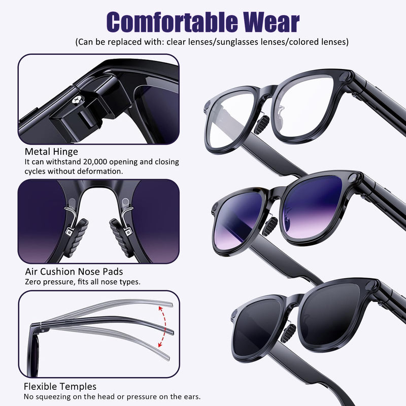 AI Smart Glasses with Camera,4K HD Camera Glasses with EIS Image Stabilization,Video Recording Glasses with AI Assistant,Wi-Fi+Bluetooth 6.0 Transfer,Replaceable 3 Lens,Real-Time Translation