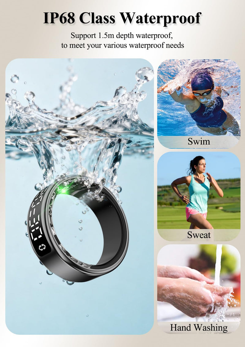 Smart Ring with LED Display，Fitness Tracker Ring, IP68 Waterproof Health Tracker Ring, Blood Oxygen & Heart Rate Monitor, Long Lasting Battery Sleep Ring for Women & Men Black 13