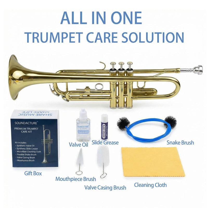 Trumpet Cleaning Kit – Complete Trumpet Care Cleaning Kit with Valve Oil, Slide Grease, Brushes & Cloth for Instrument Care Students Band