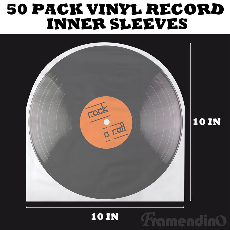 Framendino, 50 Pack 10 Inch Vinyl Record Inner Sleeves Round Bottom Protective Sleeves for Vinyl Records