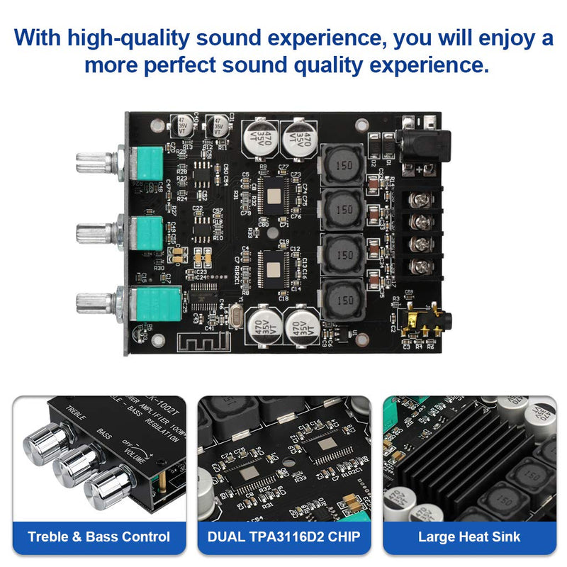 ZK-1002T Bluetooth 5.0 Amplifier Board 2.0 200W HiFi Subwoofer Audio AMP with Treble and Bass Control BT and AUX Inputs, DC 9-24V 2.0 Channel Stereo AMP Module for DIY Speakers, Password Free Black3 ZK-1002T