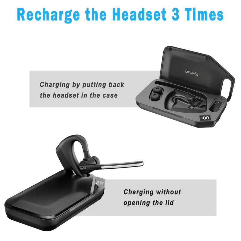 Conambo K10 Wireless Bluetooth Headset V5.2, Bluetooth Earpiece with 750mAH Charging Case 60H Talktime Wireless Headset with Dual Mic Noise Canceling for iPhone Cellphone Trucker Work