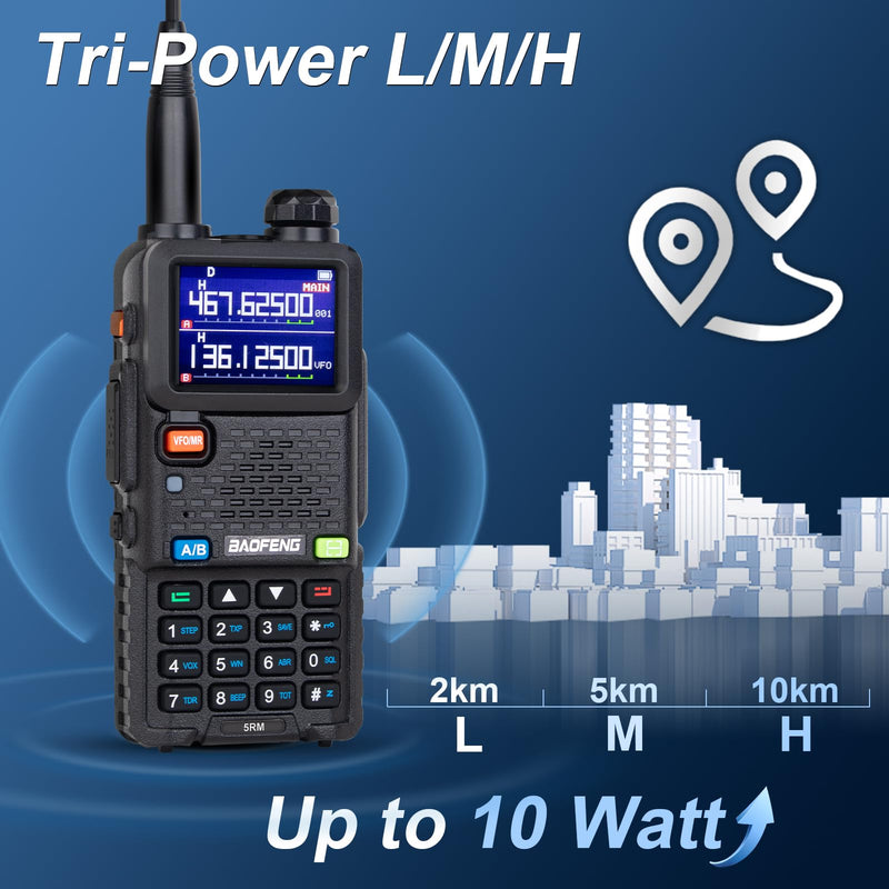 BAOFENG 5RM Ham Radio 10W High Power(Upgrade of UV-5R),8 bands Long Range Two Way Radio Handheld,NOAA, Frequency Copy,999CH,USB C Charging 2500mAh Battery,6.1" &15.12" 771 Long Antenna-1 Pack Full Kit