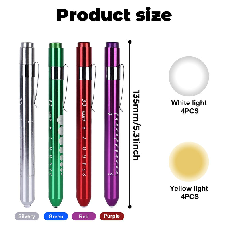 Leikurvo LED Pen Lamp for Doctors: Pack of 8 Aluminium Medical Penlight, Diagnostic Function, for Nurses and Emergency Services (Red, Purple, Green, Silver)