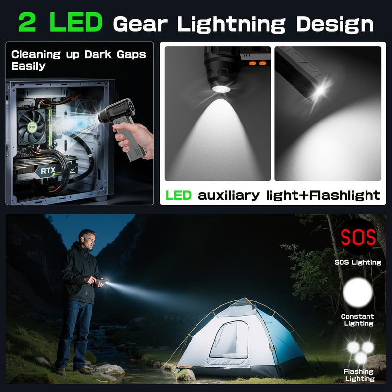[AUSTRALIA] - Compressed Air Duster with Flashlight,180000RPM Electric Air Duster,4-Gear with Display High-Speed Electric Duster with Multi-Purpose Nozzles for Computer, Keyboard, Outdoor, House and Car 