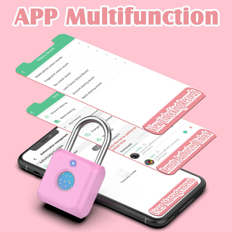 Pothunder Fingerprint Padlock, Locker Lock, Combination Lock, Fingerprint Lock with APP Unlock, USB Rechargeable, Suitable for Gym Locker, Door, Locker Rosebud Pink