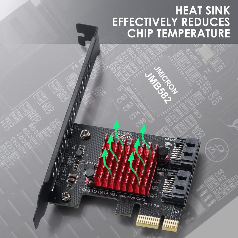 2-Port SATA Card Expansion Cards, PCI-E 3.0 GEN3 JMICRON+JMB582 Chip, 6Gbps Expansion Adapter Boards PCI Express Controller Adapter Card for Windows XP/2003/2008/Vista/Win7/8/10/Linux.