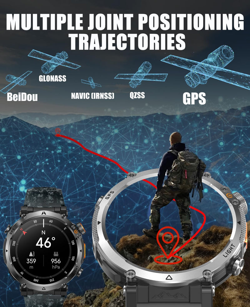 Men's Military Smart Watch with GPS,Compass for Outdoor 1.7" HD Big Face | Fitness Tracker with Bluetooth Calling,Heart Rate/Sleep Monitor/100+ Sports Modes,Long Battery,for Android & IOS 2 Bands Camouflage Black