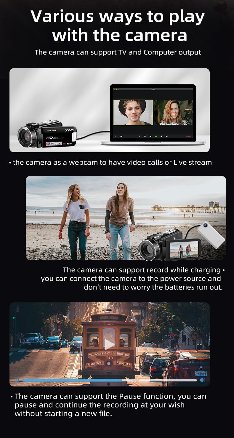 ORDRO Video Camera Camcorder Full HD 1080P 30FPS 30MP, IR Night Vision Vlogging Camera Recorder for YouTube 3.0 Inch IPS Screen 18X Zoom Camcorders with 16G SD Card, 2 Batteries Remote Control