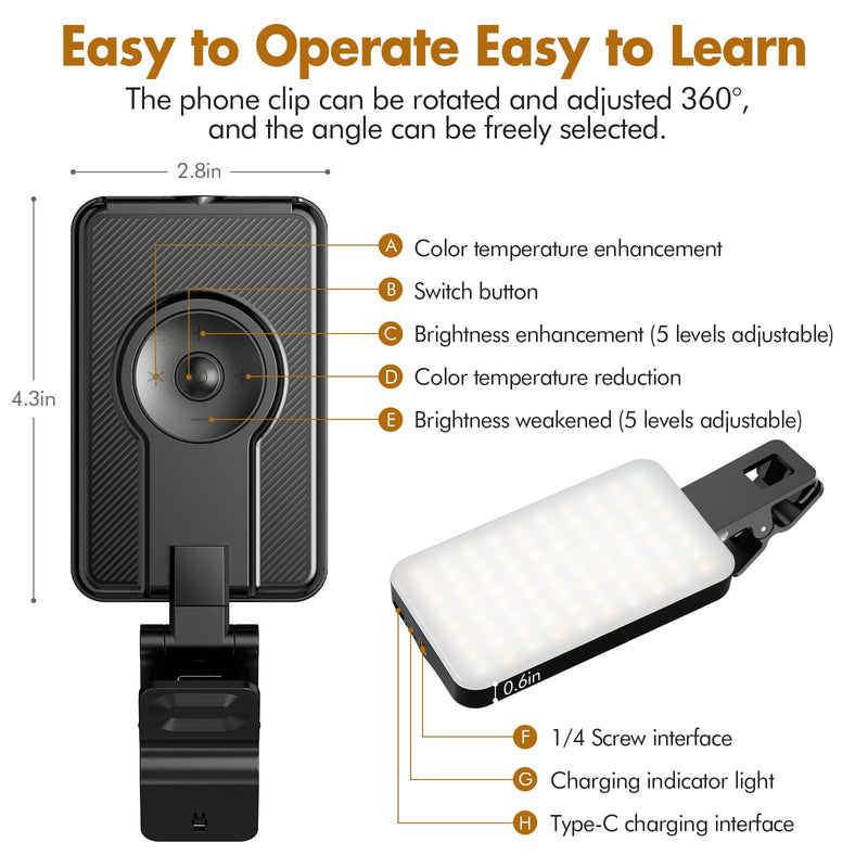 Selfie Light, Long Time Rechargeable Clip Video Light, Upgraded Cell Phone Light, Adjusted 5 Light Modes, Portable LED Light, Selfie Light for Phone, Camera, Laptop, iPad, TikTok, Video Vlog