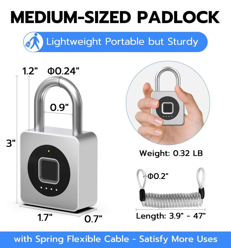 [AUSTRALIA] - eLinkSmart Fingerprint Gym Locker Lock, Keyless Biometric Padlock, Weatherproof Electronic Digital Smart Combo Pad Lock for Outdoor Fence Gate Storage Fridge Helmet Ski Pool Shed (Silver, with Cable) Silver, with Cable 