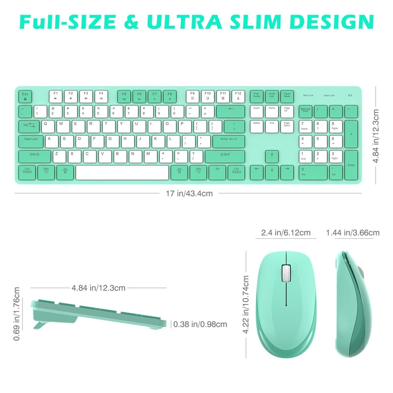 POWZAN Wireless Keyboard and Mouse, Ultra Slim Compact Full Size Wireless Keyboard and Mouse Combo 2.4G Ultra-Thin Sleek Design for Windows, Mac, Computer, Desktop, PC, Notebook - (Green White) Green White