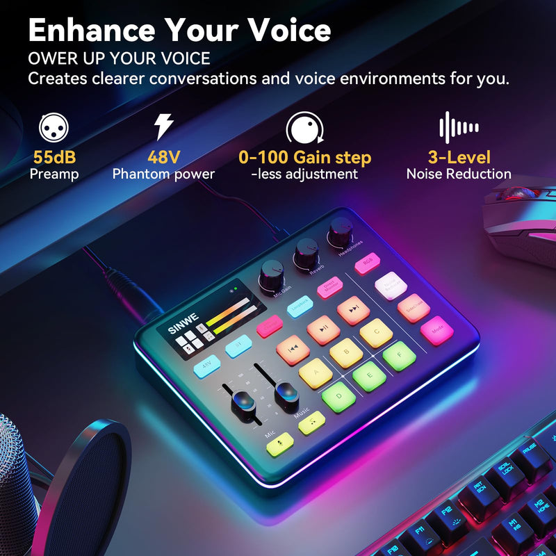 [AUSTRALIA] - SINWE G1 Gaming Audio Mixer, RGB Audio Interface with Pro-preamp,Bluetooth, Streaming PC Mixer with XLR/48V Phantom Power for Live Streaming, Podcasting, Content Create, Gaming(Black) Black 
