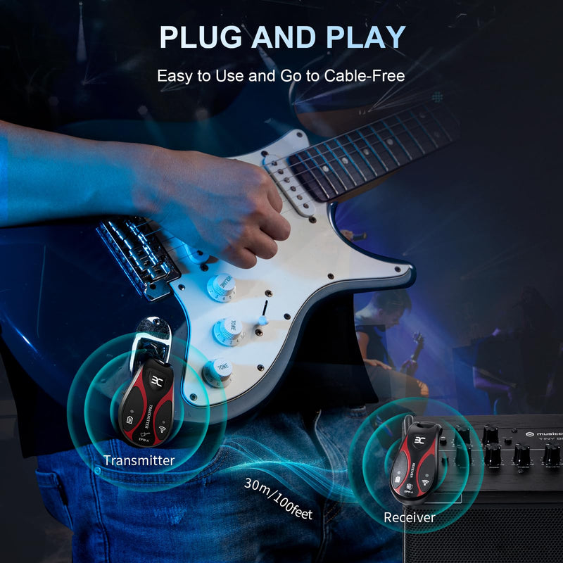 Professional Wireless Guitar System, 20 Channels, <1.5ms Ultra-Low Latency, 164ft Range, 270° Rotating Plug, Rechargeable Guitar Transmitter & Receiver for Guitar Bass Electric Instrument