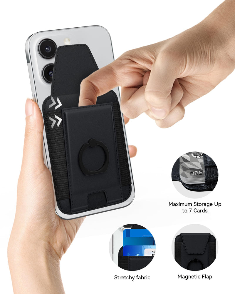 3-in-1 Magnetic Wallet with Phone Ring Stand, Compatible with Mag-Safe Wallet, Magnetic Privacy Flap, Phone Wallet with Phone Ring for iPhone 15/14/13/12 Series, 7 Cards Holder (Black) Black
