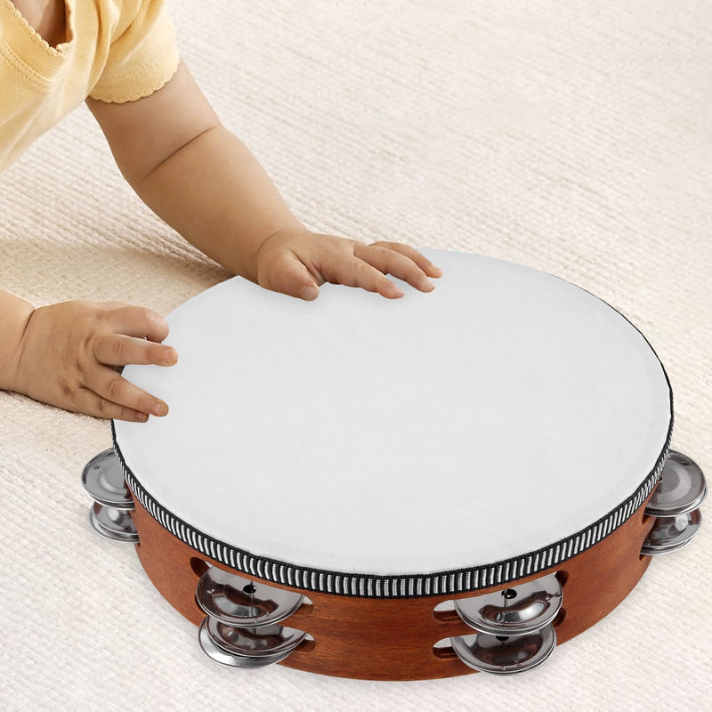 3 Pack Wooden HandHeld Tambourine Set, 6 Inch 8 Inch 10 Inch Double Row Tambourines for Adults for Party, Dance, Wedding, Brown
