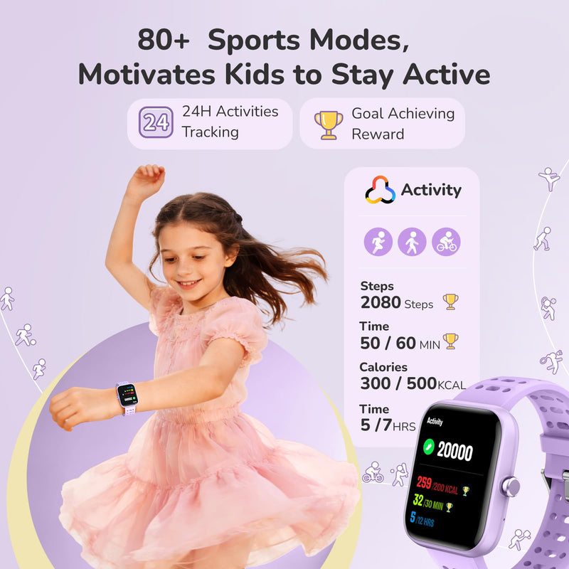 ENOMIR Kids Smart Watch for Girls, Health Monitor,Pedometer Watch for Kids | Smart Watch for Kids with Puzzle Games, Sleep/Heart Rate//SpO2 Monitor, Activities Track,Alarm Reminders,Gifts for Girls 5-16 Purple 2 Straps