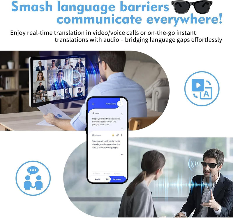 AI Smart Glasses with Camera, 8MP HD Bluetooth Camera Glasses for Women Men | 1080P Video Recording Sunglasses, Real Time Translation, Voice Assistant, Open Earbuds, Travel, Work, Vlog, (3 Lenses)