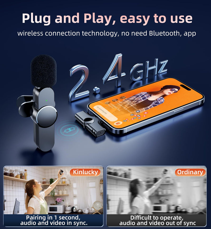 Kinglucky 2 Pcs Lavalier Mini Microphone for iPhone iPad Android Professional Noise Cancelling [360° Pick Up] Wireless Lavalier Microphone for Video Recording, Interview, YouTube, Live Streaming
