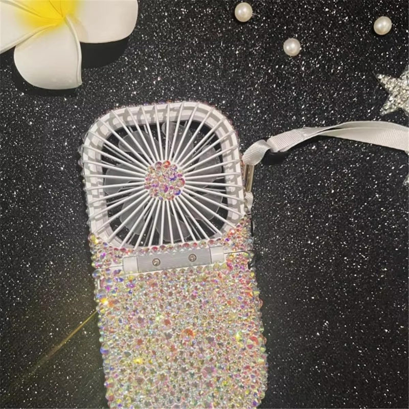 Customized Mixed Rhinestone Rechargeable Mini Handheld/Hanging Portable Usb Battery Operated 3000MA Power Bank Folding Personal Fan for Girls Camping Travelling Outside Indoor Office ab