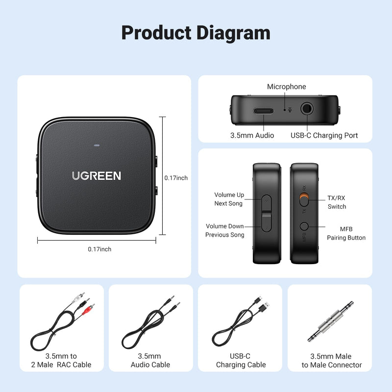 UGREEN Bluetooth 5.2 Transmitter For TV, Dual Pair Wireless Bluetooth Transmitter Receiver compatible with Airpods Earbuds Speaker, Bluetooth Headphone Adapter For Airplane, TV Audio, PC, MP3, and Gym