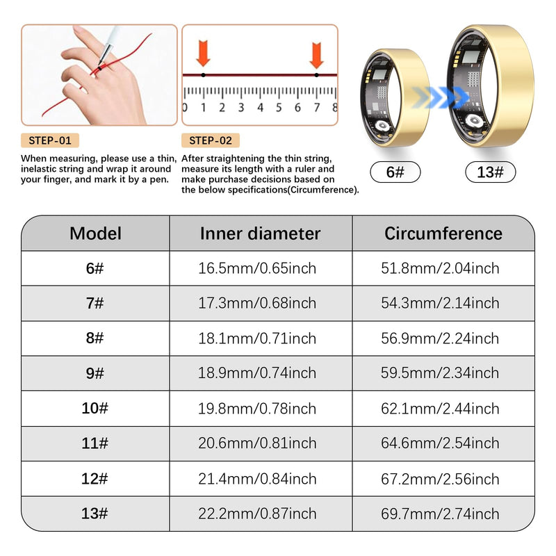Smart Ring for Women, Health Ring, No Subscription Fee | Tracker Sleep, Blood Oxygen, Heart Rate, SpO2, HRV Stress, Steps Monitor, IP68 Waterproof, Compatible with iOS & Android Gold 6#