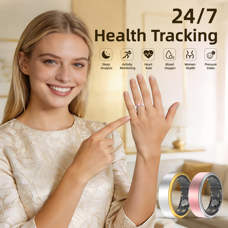 Smart Ring Long-Lasting Battery Chip Fitness Tracker Monitors Heart Rate Blood Oxygen Levels Records Sleep Step Count Waterproof Function Christmas/Valentine's Day Gift (Silver, 10) Silver