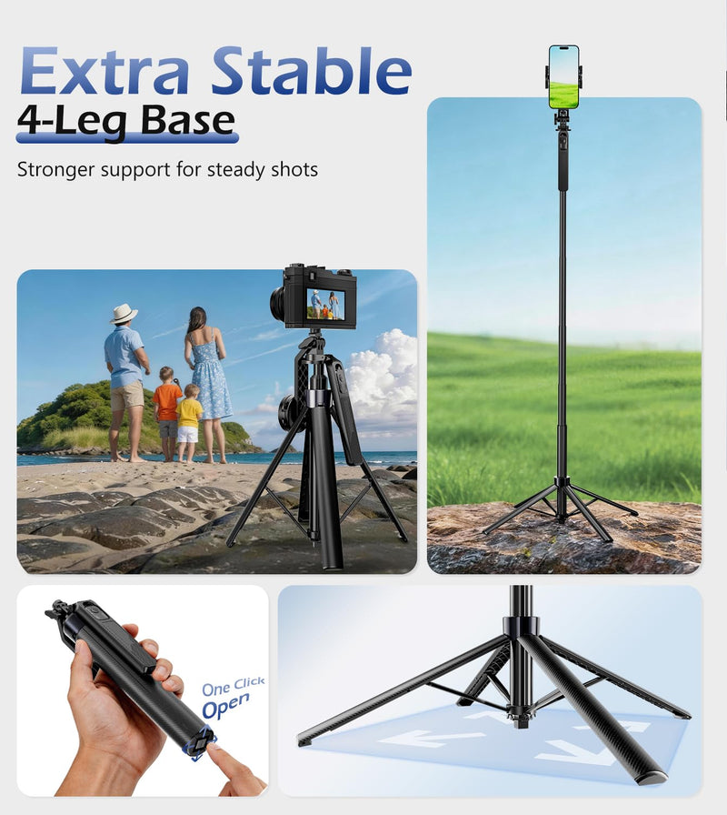 UBeesize 70'' Magnetic Selfie Stick Tripod for iPhone with Remote | 2-in-1 Phone Clamp, 1/4'' Screw Mount, Stable 4-Leg Tripod with Handle, MagSafe Phone Tripod for Camera, GoPro & Insta360 70in