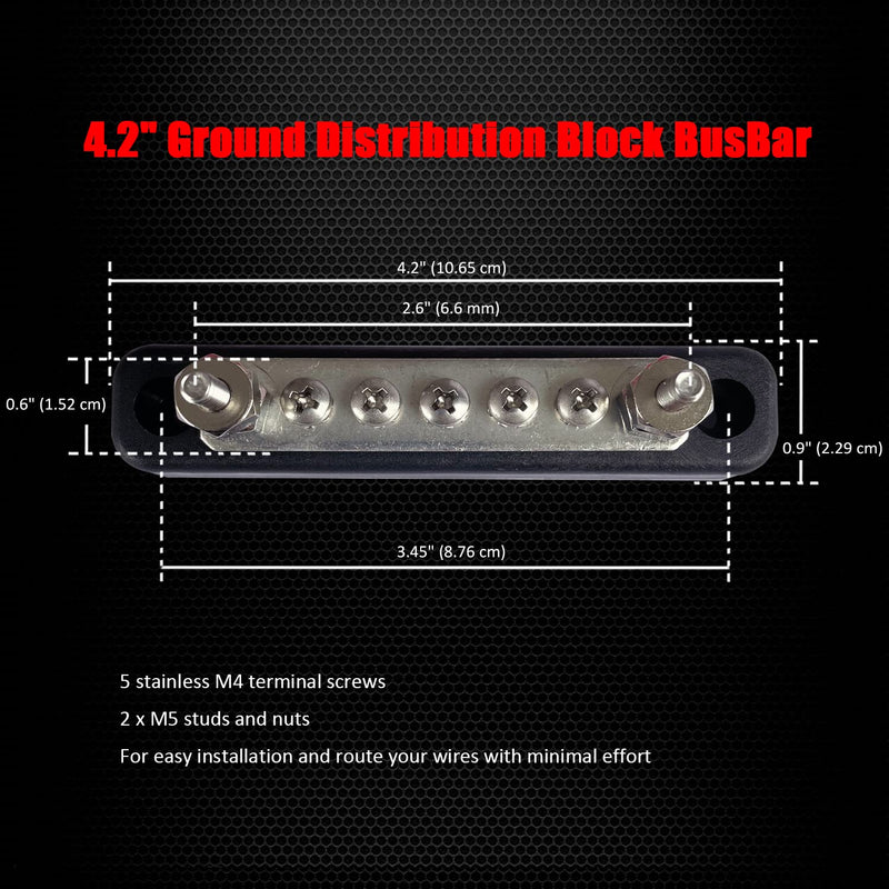 5 Terminals Bus Bar, Ampper 4.2" Ground Distribution Block Brass Battery BusBar Junction for Car Vehicle Rv Truck Marine Boat Audio Amplifier and More (Black) Black 4.2" 5 Terminal