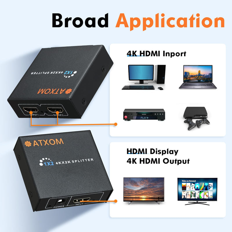 HDMI Splitter 1 in 2 Out - 1x2 HDMI Display Duplicate/Mirror - Powered Splitter 4K @ 60Hz, Also Full HD 1080P, One Source to Two Identical Displays