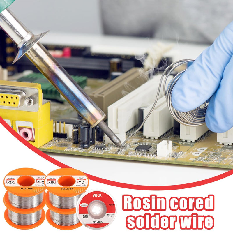 XIAQICA Solder 5 pieces 50 g solder with rosin core solder flux 0.6/0.8/1 mm with desoldering wire (2 mm/1.5 m) for DIY welding work and electrical repairs