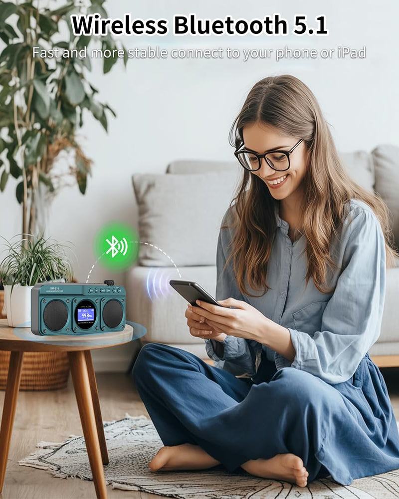 [AUSTRALIA] - SEMIER Small Digital FM Radio Bluetooth Speaker, Handheld Rechargeable Radio Wireless Speaker, LCD Display, Double Speakers, Headphone Jack, Support USB/Micro SD Card MP3 Play for Home Outdoor (No AM) Blue 
