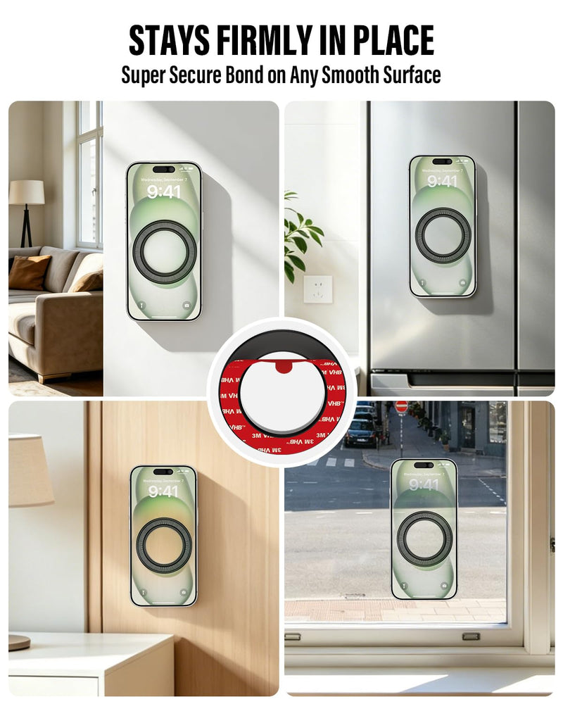 A2C Magnetic Wall Mount with 3M VHB, for Kitchen, Shower, Mirror, Office | 10mm Thick, 17 N52 Magnets, Strong Hold, Waterproof, Low Profile, Fits iPhone 12-17 & All Android (ring)