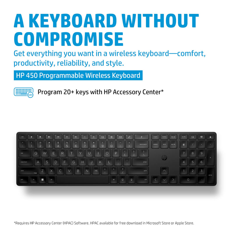 HP 450 Wireless Programmable Keyboard Black - Slim, Full Size with Numpad, Wireless, USB Receiver, 20 programmable Keys, 4 LEDs, Laptop-Like Keys, 20-Months Battery, Low Power Indicator (4R184AA#ABL)
