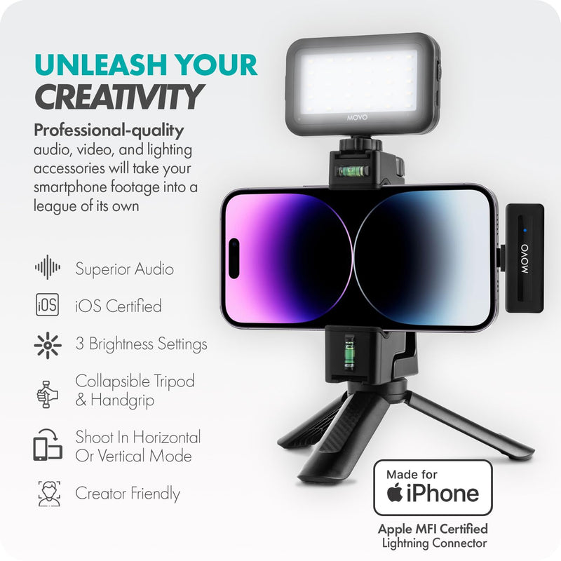 Movo VSK3 Wireless Vlogging Kit for iPhone: YouTube Starter Kit for Content Creators with Wireless Microphone, LED Light, Hand Grip & Mini Tripod - iPhone Vlogging Kit