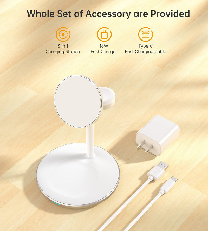 3 in 1 Wireless Charging Station for Multiple Devices, 15W Fast Wireless Mag-Safe Charger Stand for iPhone 14 13 12 Pro Max/Plus/Pro/Mini, Mag Charger for iWatch Ultra/8/7/SE/6/5/4/3/2, AirPods White