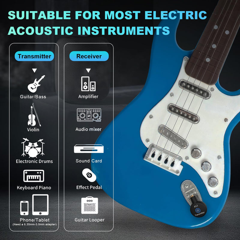 A13 Wireless Guitar System 2.4GHz Transmitter Receiver for Electric/Acoustic Bass Guitar, Rechargeable Li-Battery, Plug & Play Wireless Guitar Cable for Guitar, Bass, Violin - Black (2TX + 1RX) A13-2