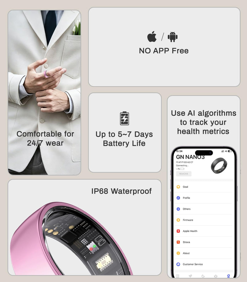 AI Smart Ring for Women Men, Health Ring with AI Health Analysis | Fitness Ring with HRV,Heart Rate,SpO2,Sleep Monitor & Stress, IP68 Waterproof Activity Tracke, No APP Fee (Lavender Pink,9#) Lavender Pink 9#