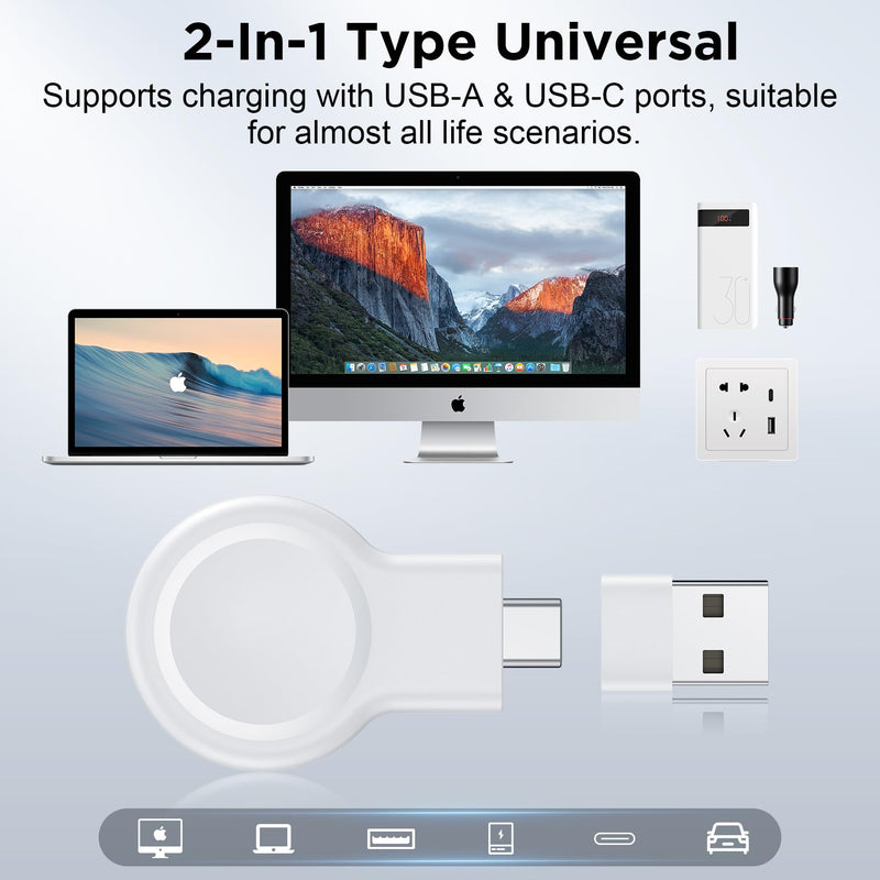 𝟐𝟎𝟐𝟒 𝐔𝐩𝐠𝐫𝐚𝐝𝐞 for Apple Watch Charger,Magnetic Portable iWatch Charger USB C&USB A Fast Wireless Charging Travel Battery Charger for iWatch Ultra2/Ultra/SE2/SE Series 9/8/7/6/5/4/3/2/1 AA-White